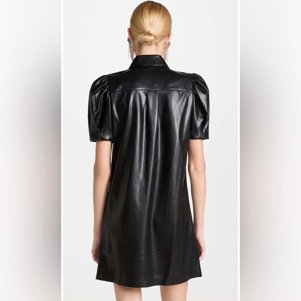 Alice + Olivia Black Jen Vegan Leather Puff-Sleeve Shirt Dress. Size XL - Picture 3 of 14